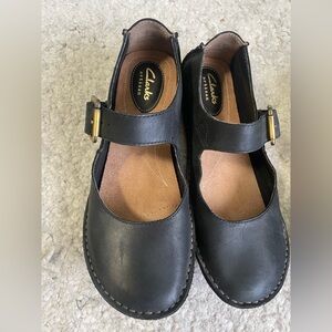 Clarks Black Mary Jane Flats with Brass Buckle
